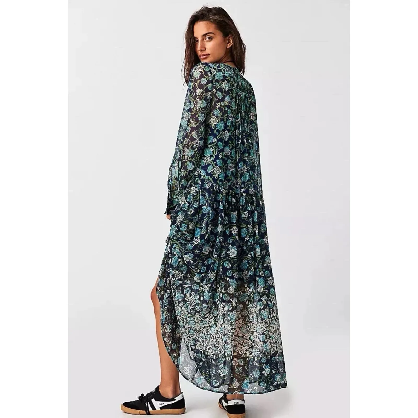 Free people Bohemian See it through Maxi Dress Twilight Floral Retro 70s Large - Image 3