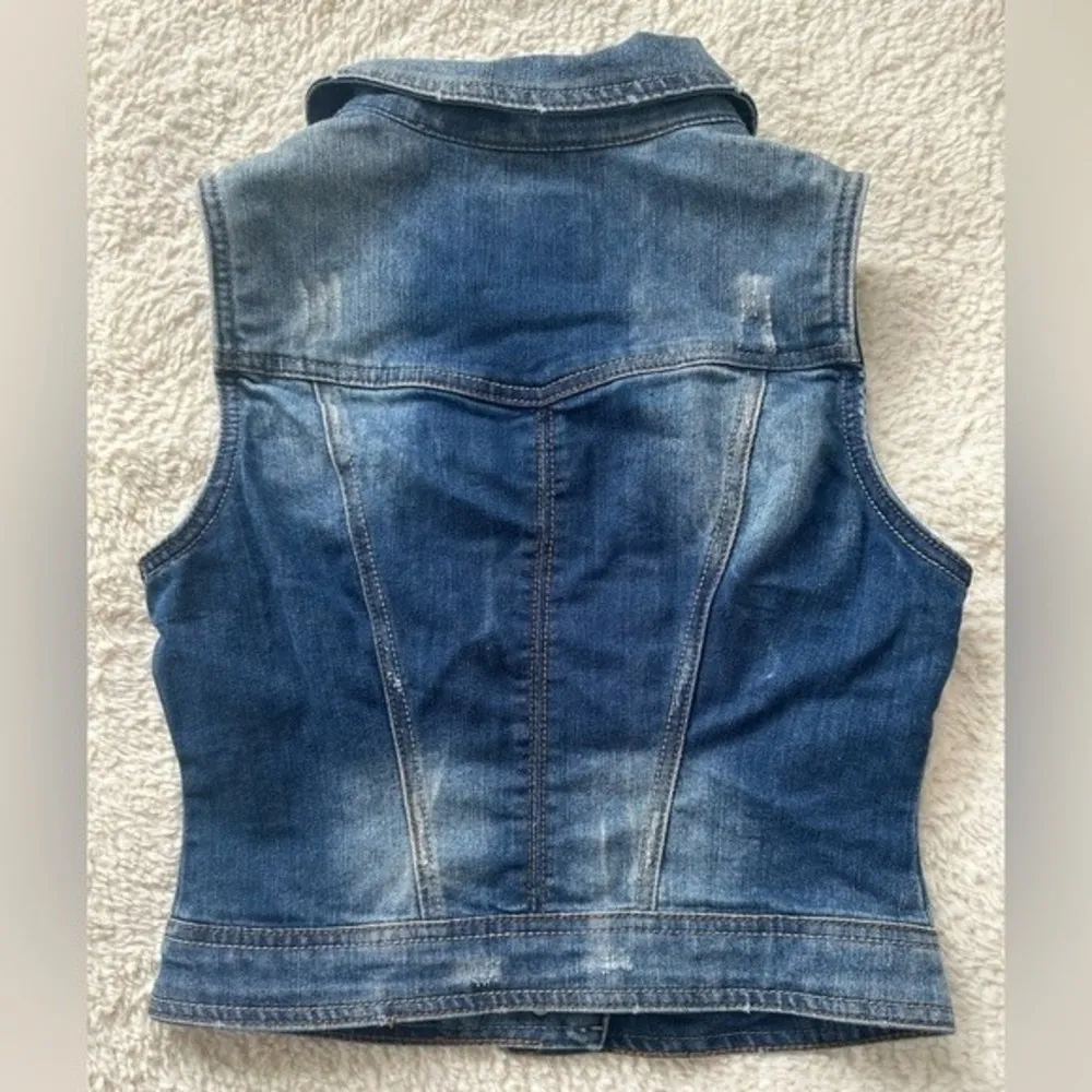 YMI Blue Stoned Wash Denim Jeans Cropped Button Down Vest Essential S - Image 2