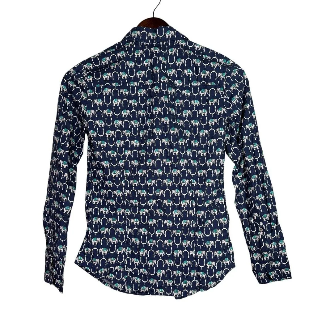 J. Crew Long Sleeve Perfect Fit Novelty Print Elephants Shirt 00 Navy Blue White - Image 13