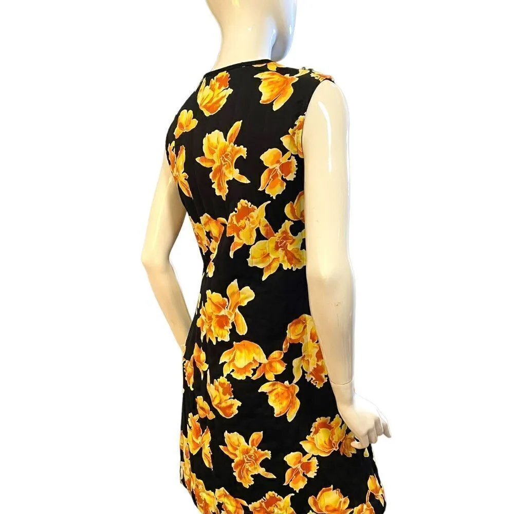 Vintage 1970s Floral Quilted Cheongsam Mini Dress Yellow Size M - Image 9