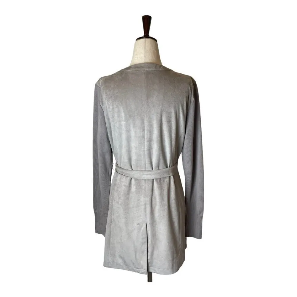 H By Halston Gray Faux Suede Knit Sleeves Tie Waist Trench Coat Jacket‎ Size 8 - Image 3