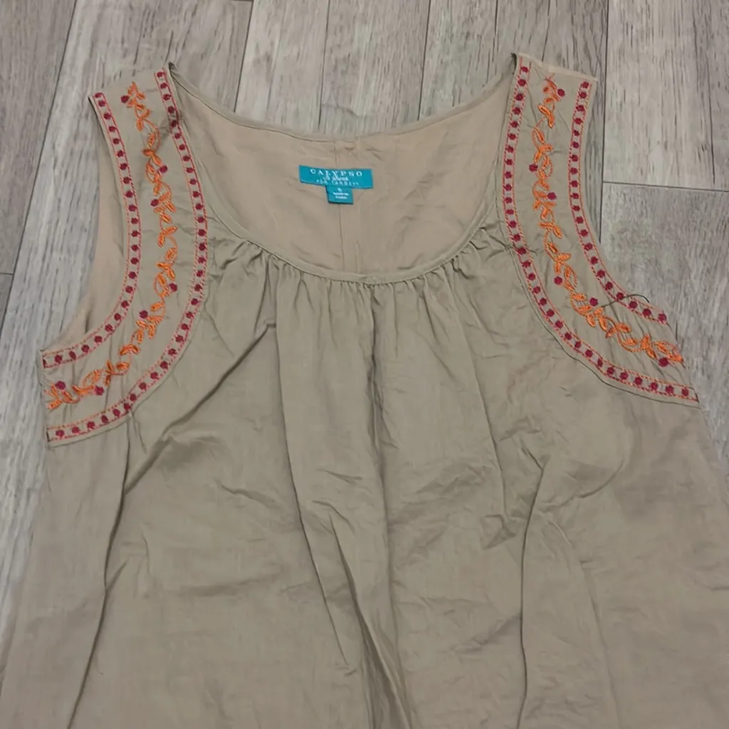 🔵 Calypso embroidery khaki pink dress small - Image 3