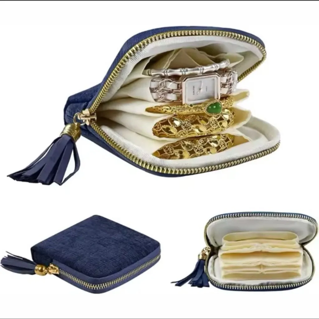 Navy Blue Travel Jewelry Case, Velvet, 5 Separate Compartments ~NEW~ - Image 5