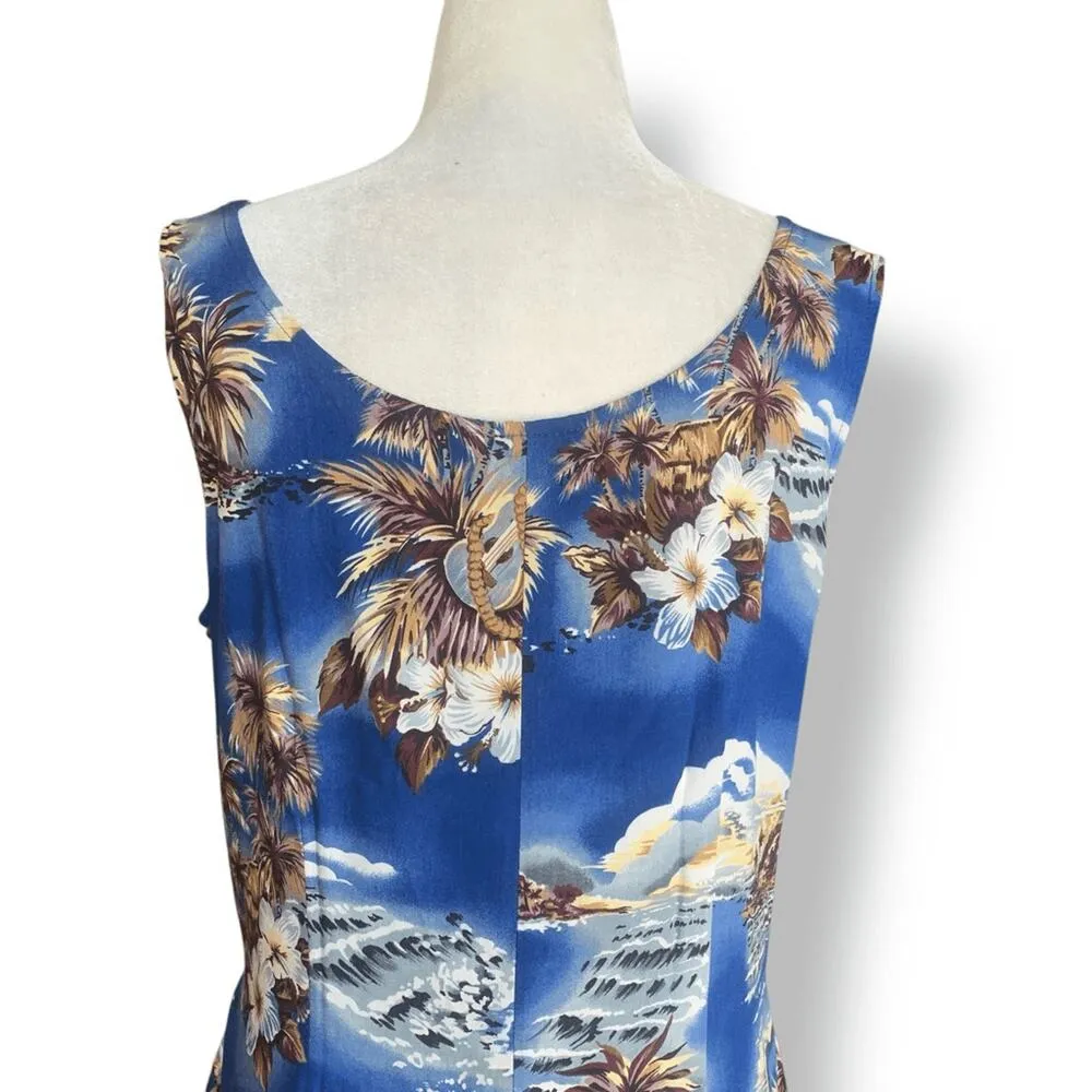 Vintage Hilo Hattie Blue White Sleeveless Hawaiian Wrap Dress Made In Hawaii Size M - Image 6