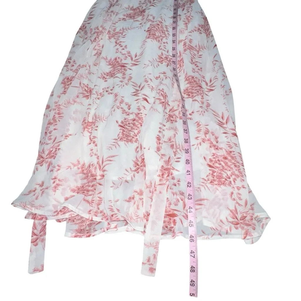 SHEIN WHITE PINK FLORAL‎ MIDI HIGH NECK OPEN TIE BACK WAIST TIE SHORT SLEEVES XS - Image 6