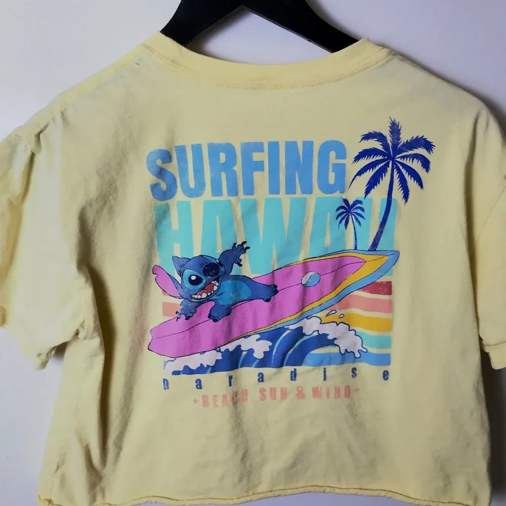 Disney Surfing Hawaii T Shirt Womens Yellow Medium Stitch Character Raw Hem M - Image 6