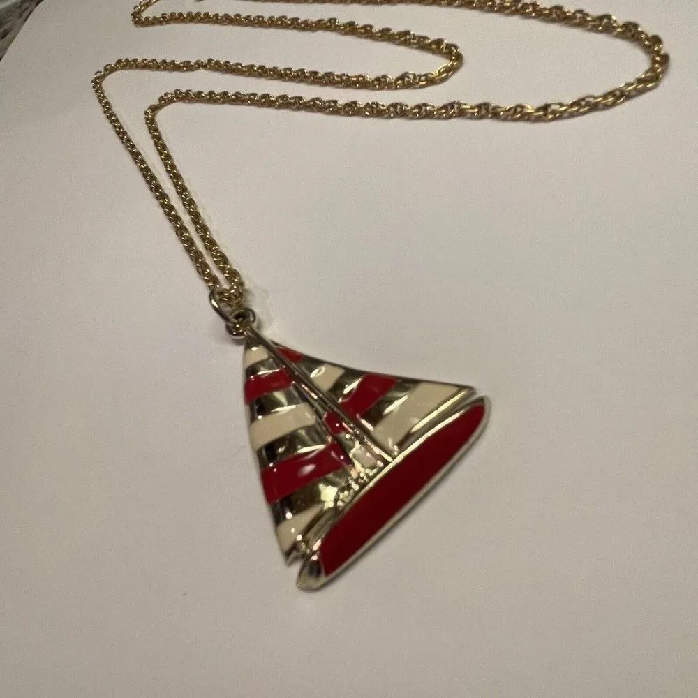 Gold Tone / Red Sailboat Pendant Costume Jewelry Necklace - Image 2
