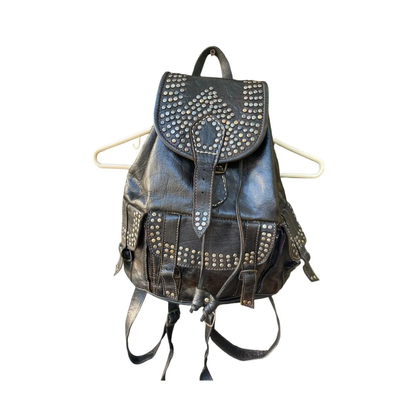 Vintage 70’s leather studded buckles backpack Black - Image 2