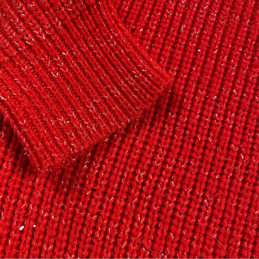 Vintage 90s Jan Taylor Red And Silver Metallic Thread Knit Sweater Size M - Image 2