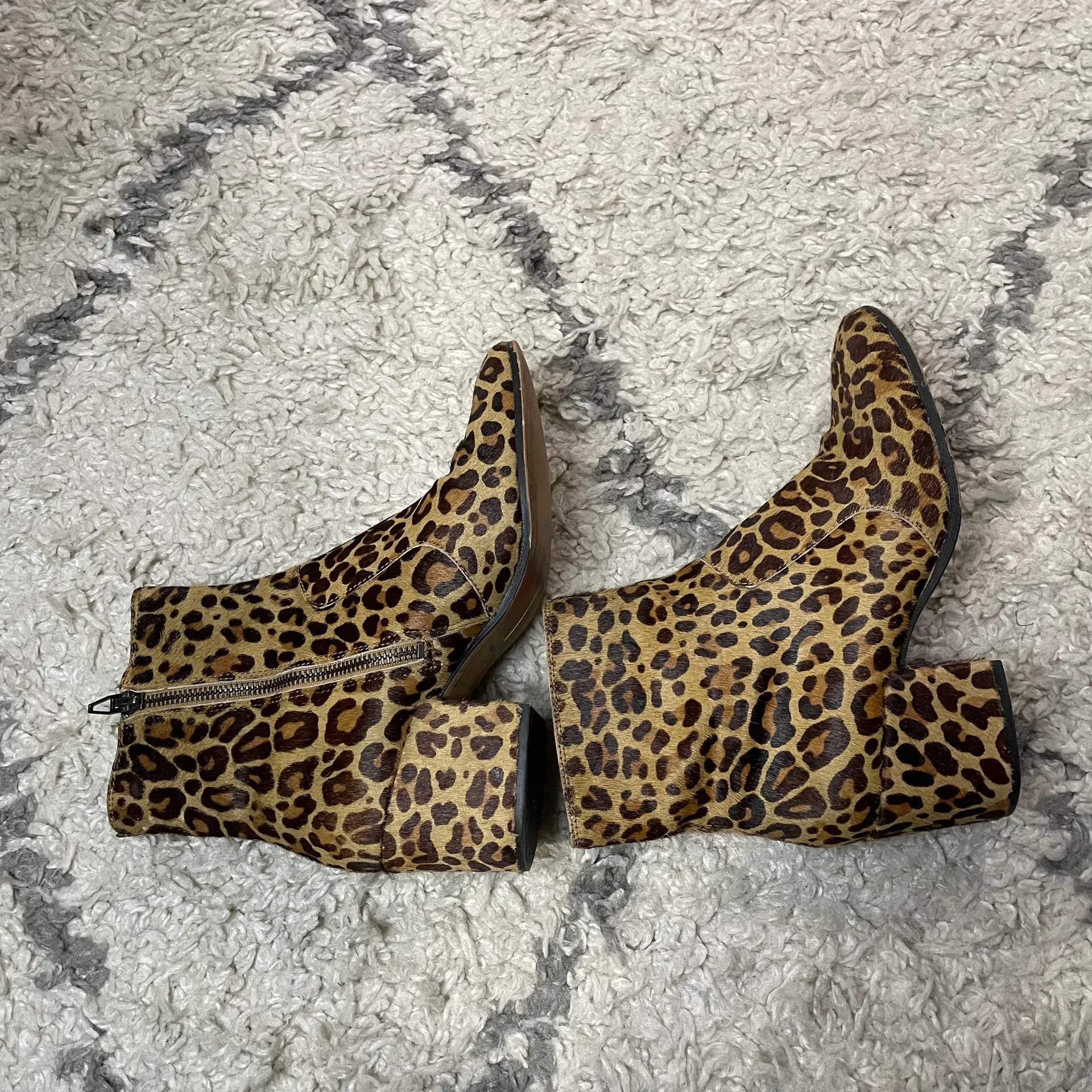 Bel Point Toe Booties Dark Leopard Calf Hair Chunky Heel Leather - Image 4