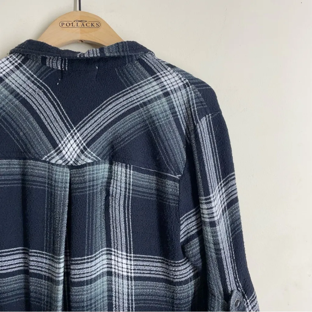 Bella Dahl Plaid Maxi Shirt Dress Black Gray Button Front Roll Tab Sleeves • XS - Image 6