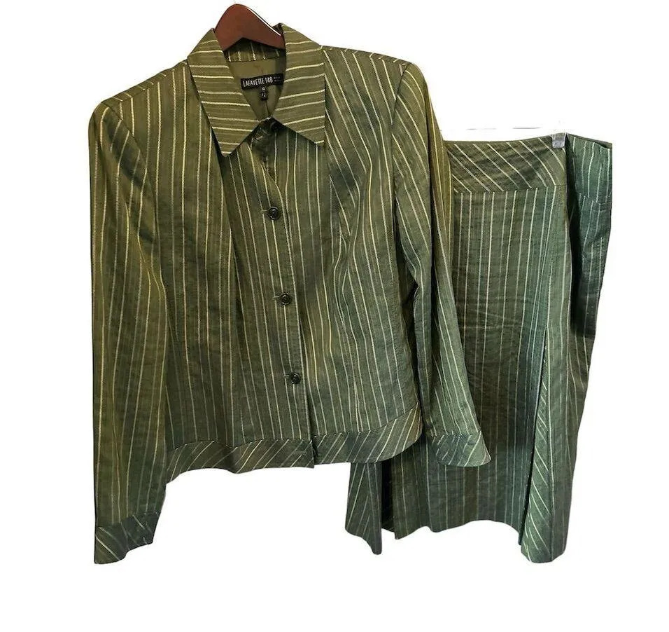 Lafayette 148 Women's Green Striped linen blend Blazer skirt set Size 14 - Image 3
