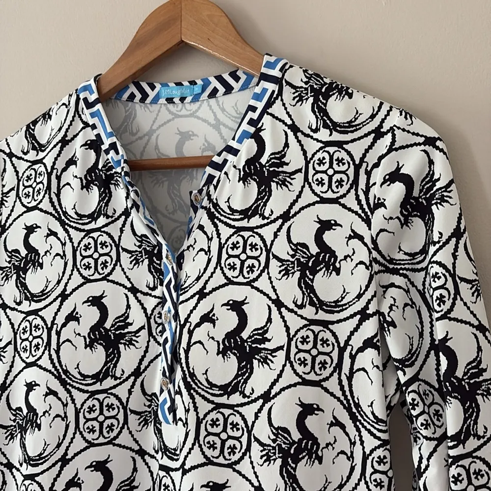 J McLaughlin Tunic Top Catalina Cloth Black White Phoenix Print 3/4 Sleeve Sz M - Image 3