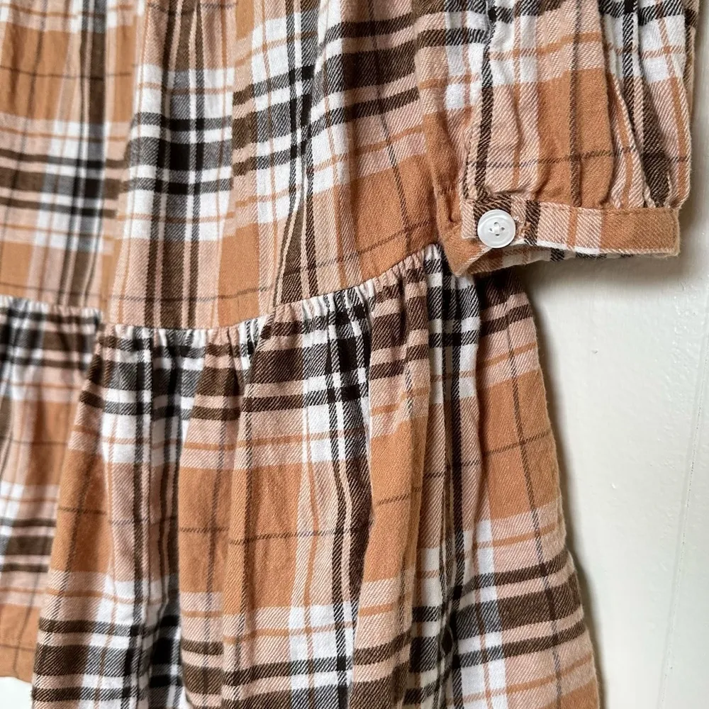 Women's Soft Cotton Brown Plaid Tiered‎ Mini Dress Small - Image 9