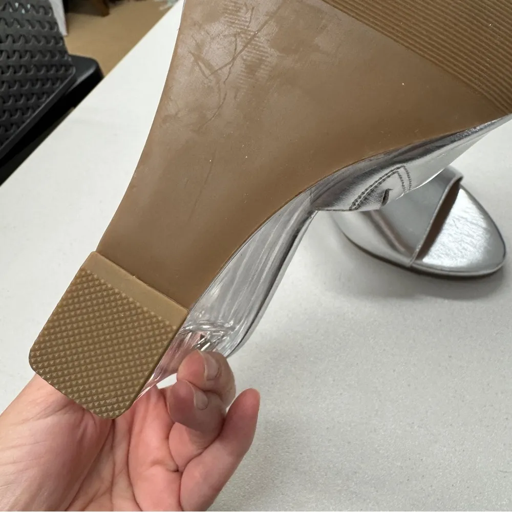 Torrid Silver Faux Leather Wedge Mules Womens Heels 6WW Acrylic Clear Peep Toe - Image 3