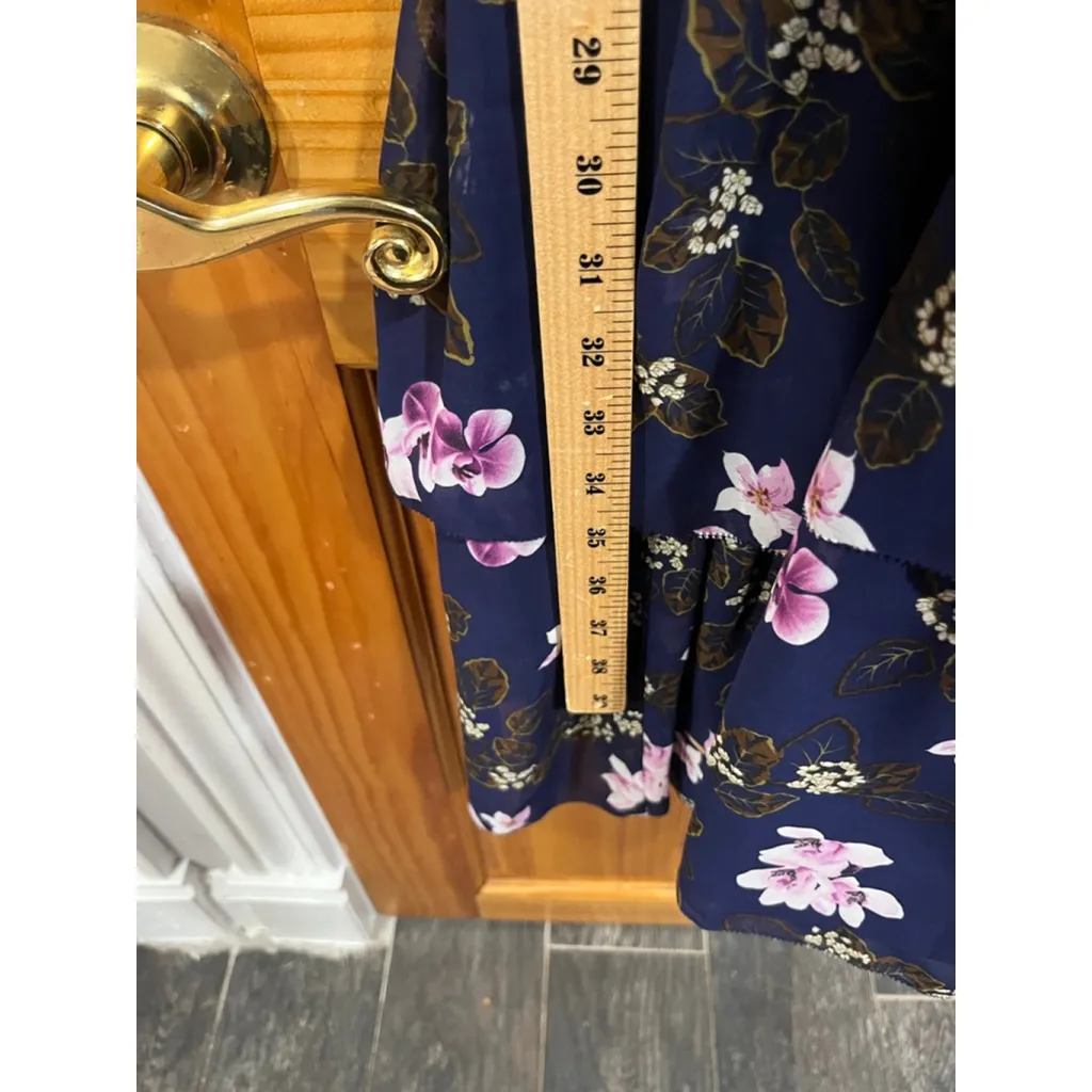 Mikael Aghal Navy Floral Ruffle Midi Dress Tassel Tie Women’s Size 4 Blue - Image 5