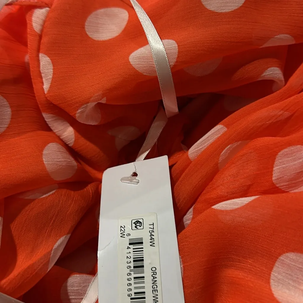 NWT London Times Chiffon Ruffle Maxi Dress (Plus) 22W, ORANGE/ WHT Polka Dot - Image 10