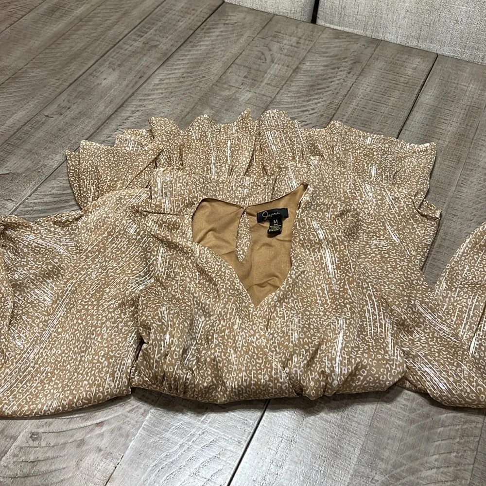 Japna Leopard Tan Metallic Teired Mini Dress Long Sleeve Medium LIKE NEW!! - Image 8