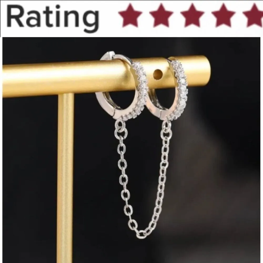 Boho 2 Tiny Double Huggie Hoop Cuffs Tassel Chain Dangle Earrings Gold A0116 - Image 6