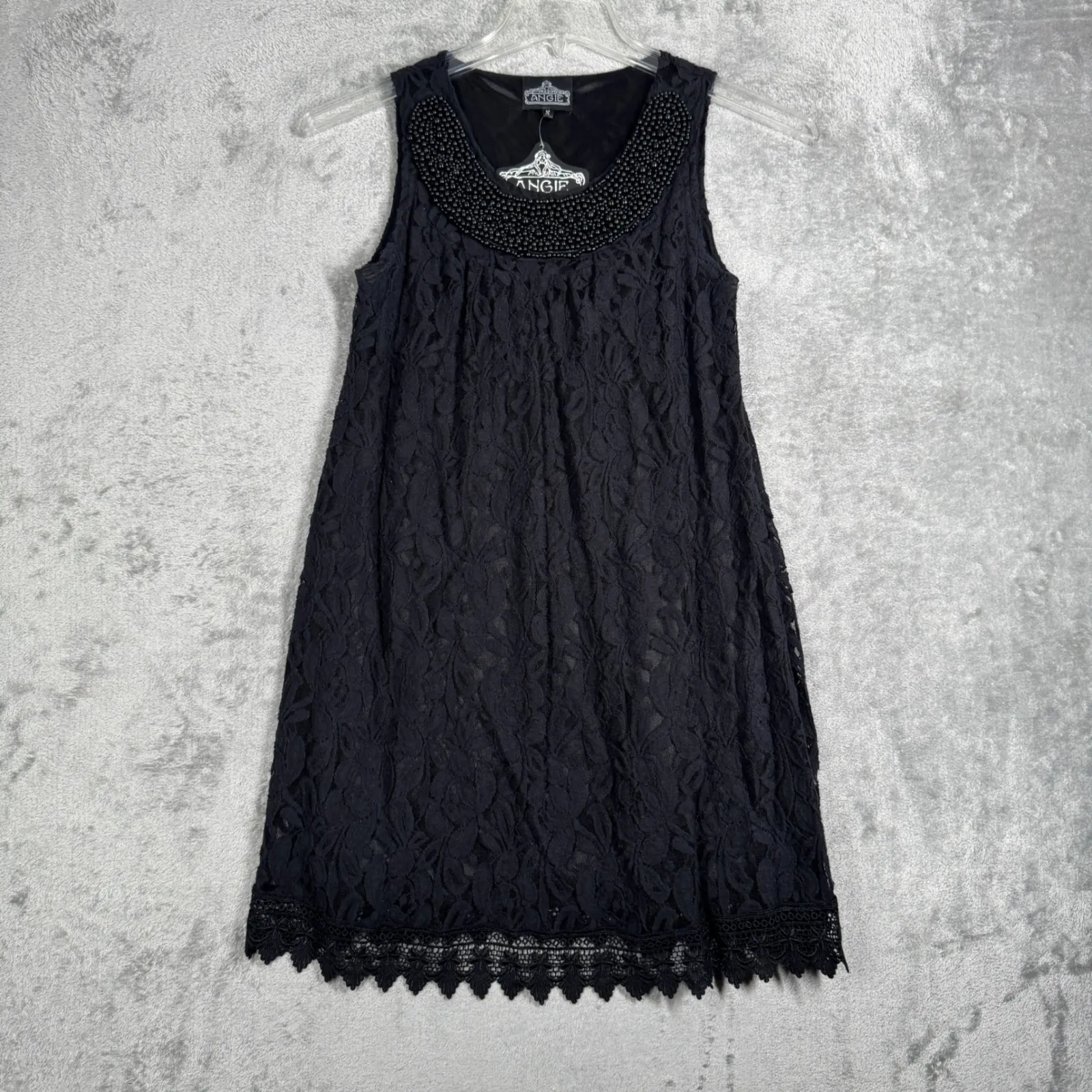 Angie Dress Womens M Black Lace Beaded Neck‎ Sleeveless Shift Cocktail Party - Image 2
