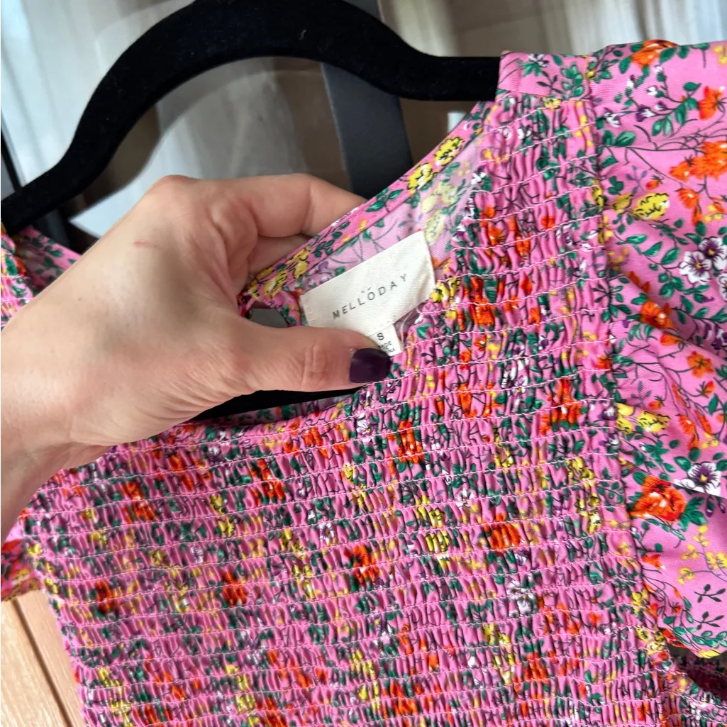 Melloday floral midi dress ditsy colorful print smocked ruffle sleeve flutter - Image 3