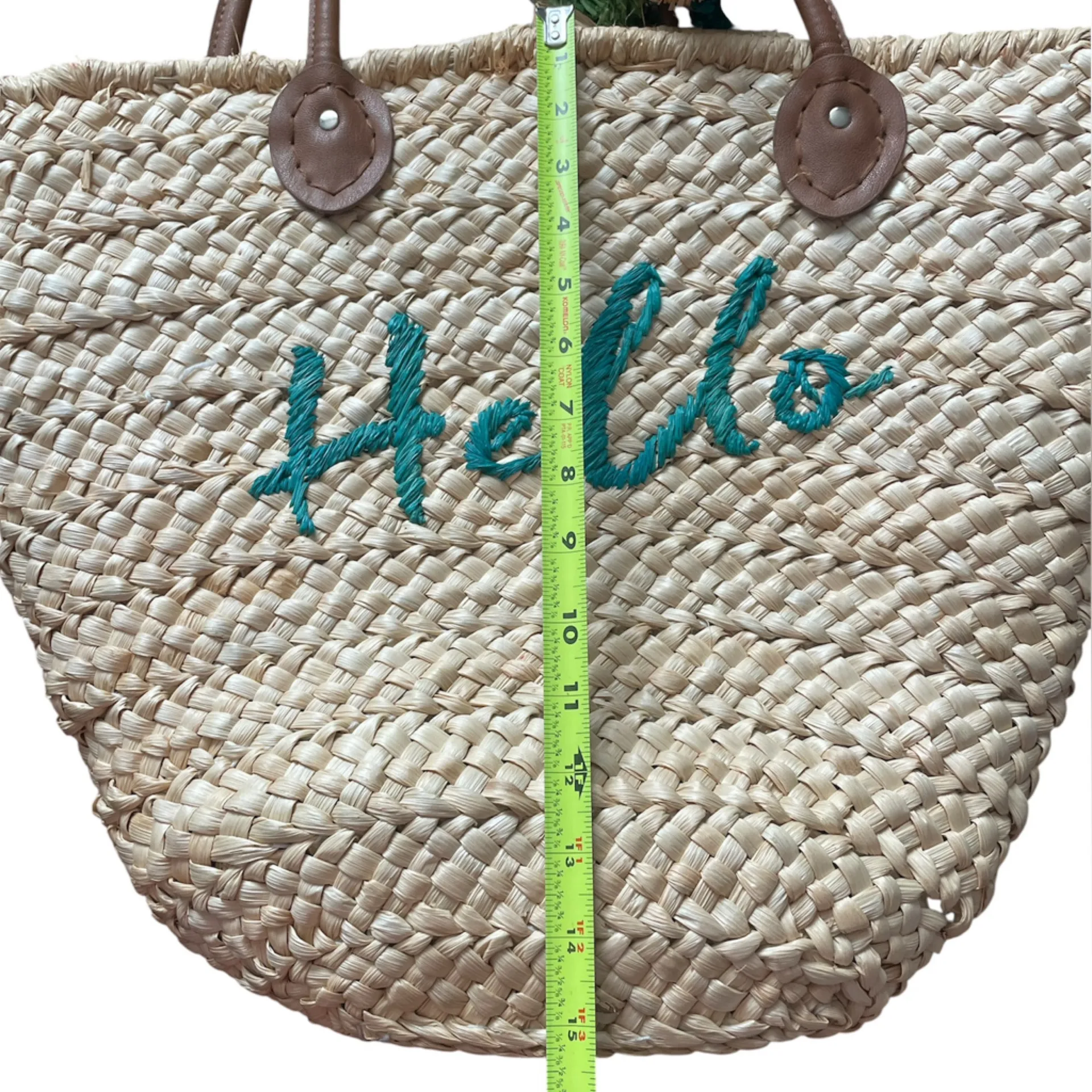 Stylish Tan and Teal Woven Tote Bag - Image 3