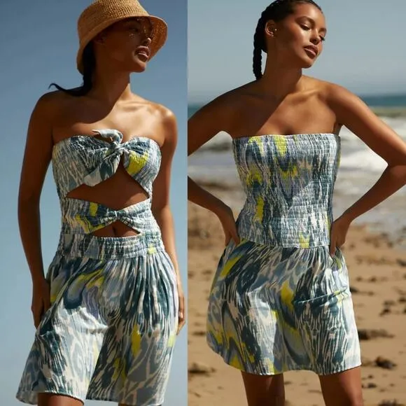 NEW Anthropologie Reversible Smocked Mini Dress Blue Butter Yellow Large Beachy - Image 2