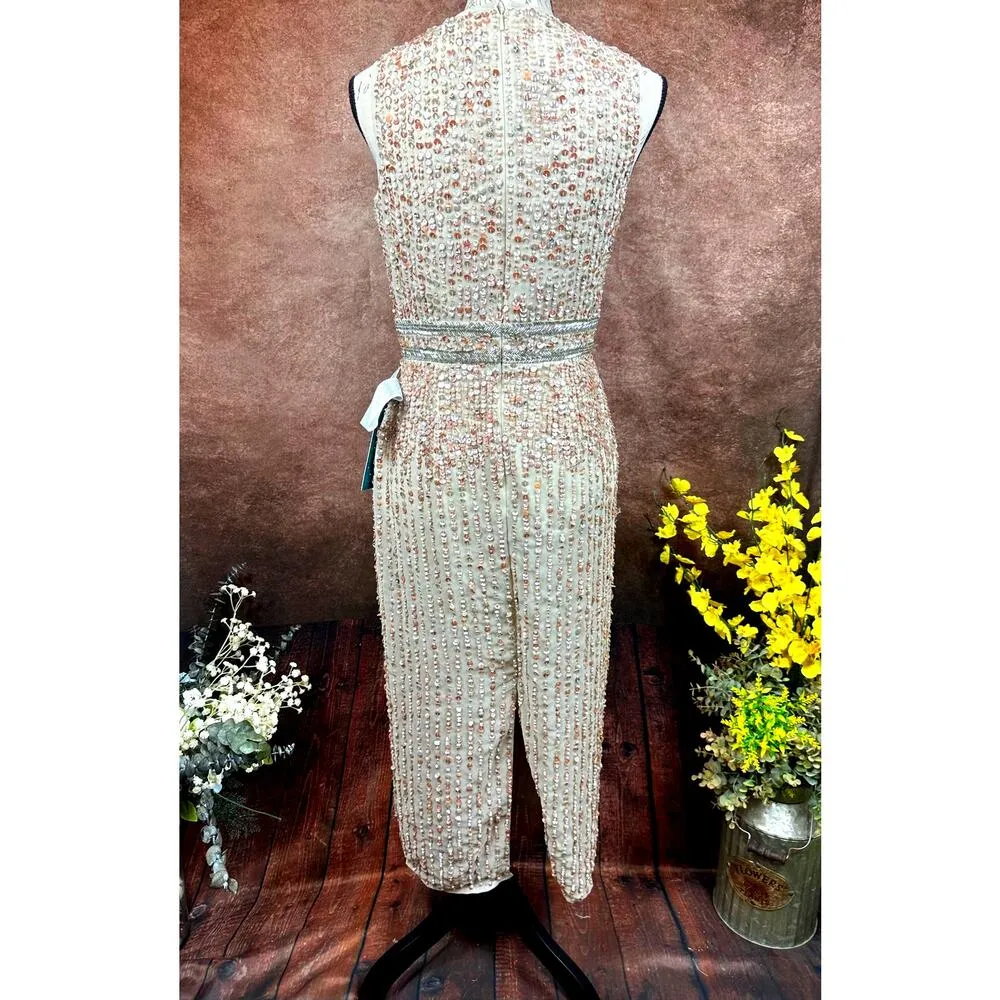 Mac Duggal Sleeveless High Neck Beaded Sheath Dress Nude 4 - Image 10