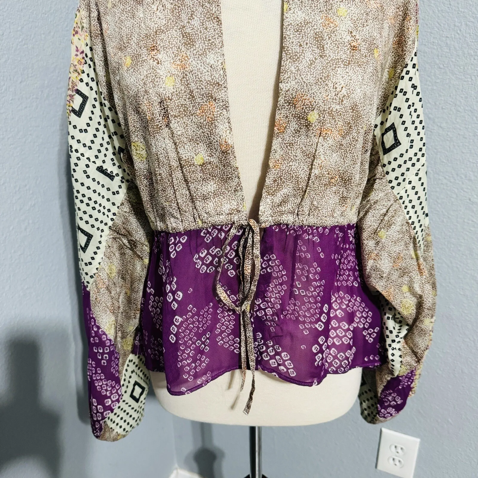 Zara Women Bloggers Favorite Bohemian Patchwork Long Sleeve V-Neck Blouse Sz M-L - Image 12