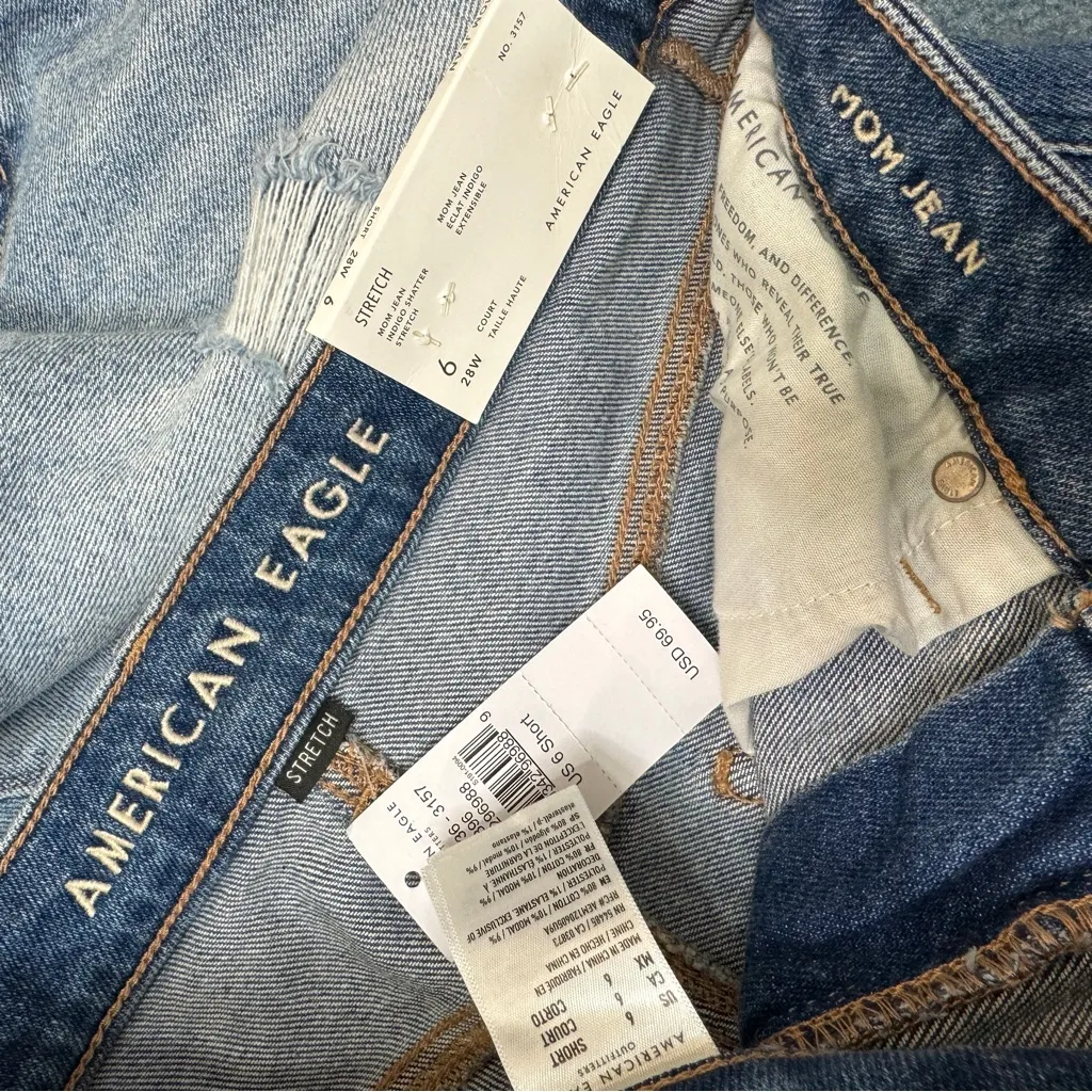 NWT American Eagle Stretch High Rise Ripped Mom Jeans Indigo Shatter 6 Short - Image 9