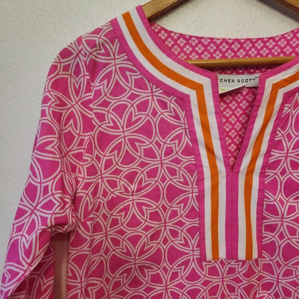 Gretchen Scott Orange Pink Geometric V Neck Tunic Blouse 3/4 Sleeve Size Small - Image 4