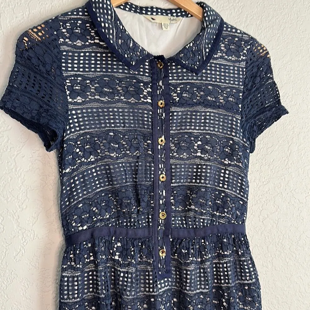 ModCloth Yumi Blue Lace Shirt Dress Gold Buttons Cottage Twee Peter Pan Collar - Image 2