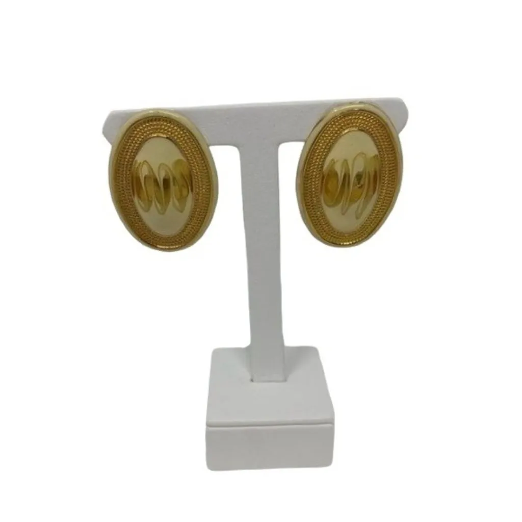 Vintage 80s 90s Pierced Earrings Metal Oval Geometric Gold Cream Retro - Image 2