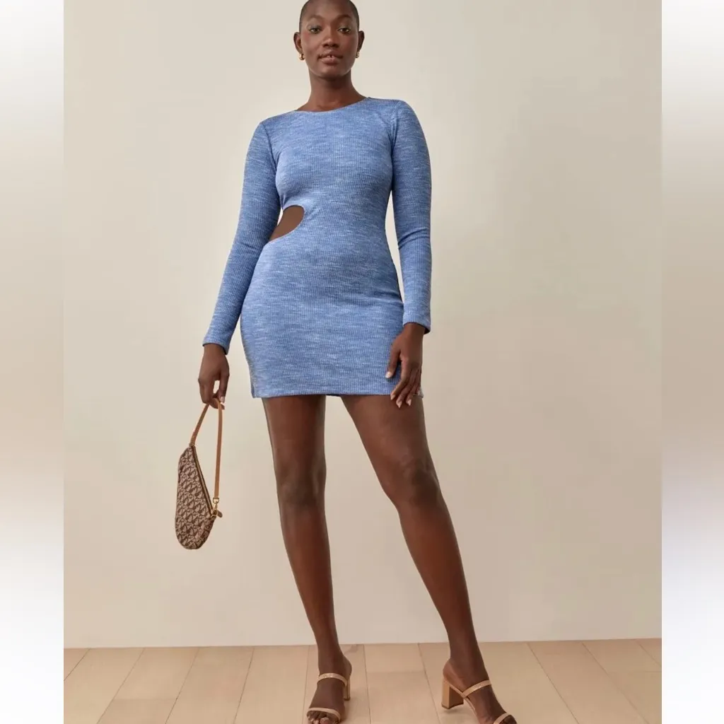Reformation Blue Long Sleeve Dress Size Small Women’s Ribbed Mini with Cut out - Image 6