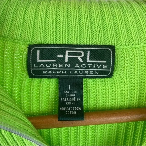 Ralph Lauren Green & Black Quarter Zip Long Sleeve Color block Neon Sweater L Size L - Image 4