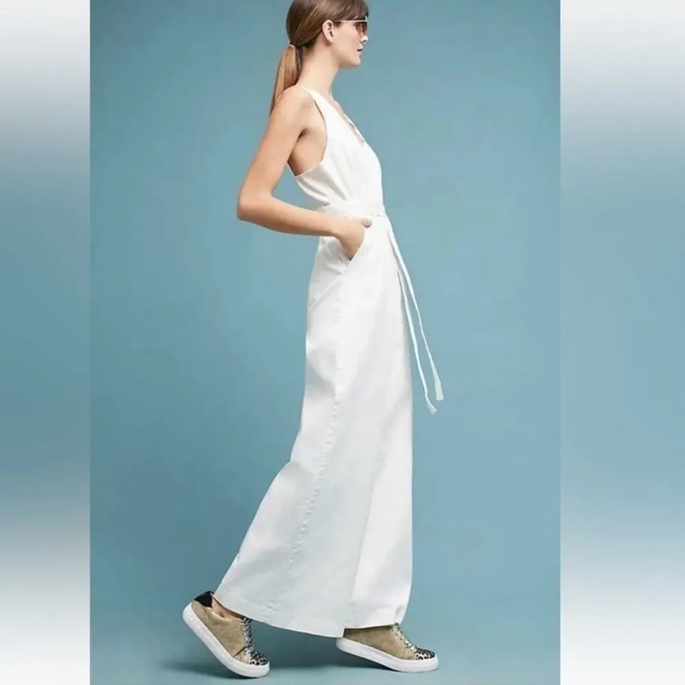 Chino By Anthro Women’s White Wrap Top Wide Leg Sleeveless Scalloped Jumpsuit 2 - Image 9
