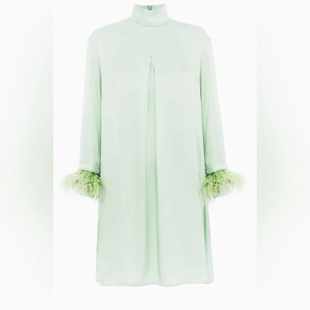 SLEEPER Party Shirt Dress w/Ostrich Feathers Mint Green Size XS NWT Satin Mini - Image 3