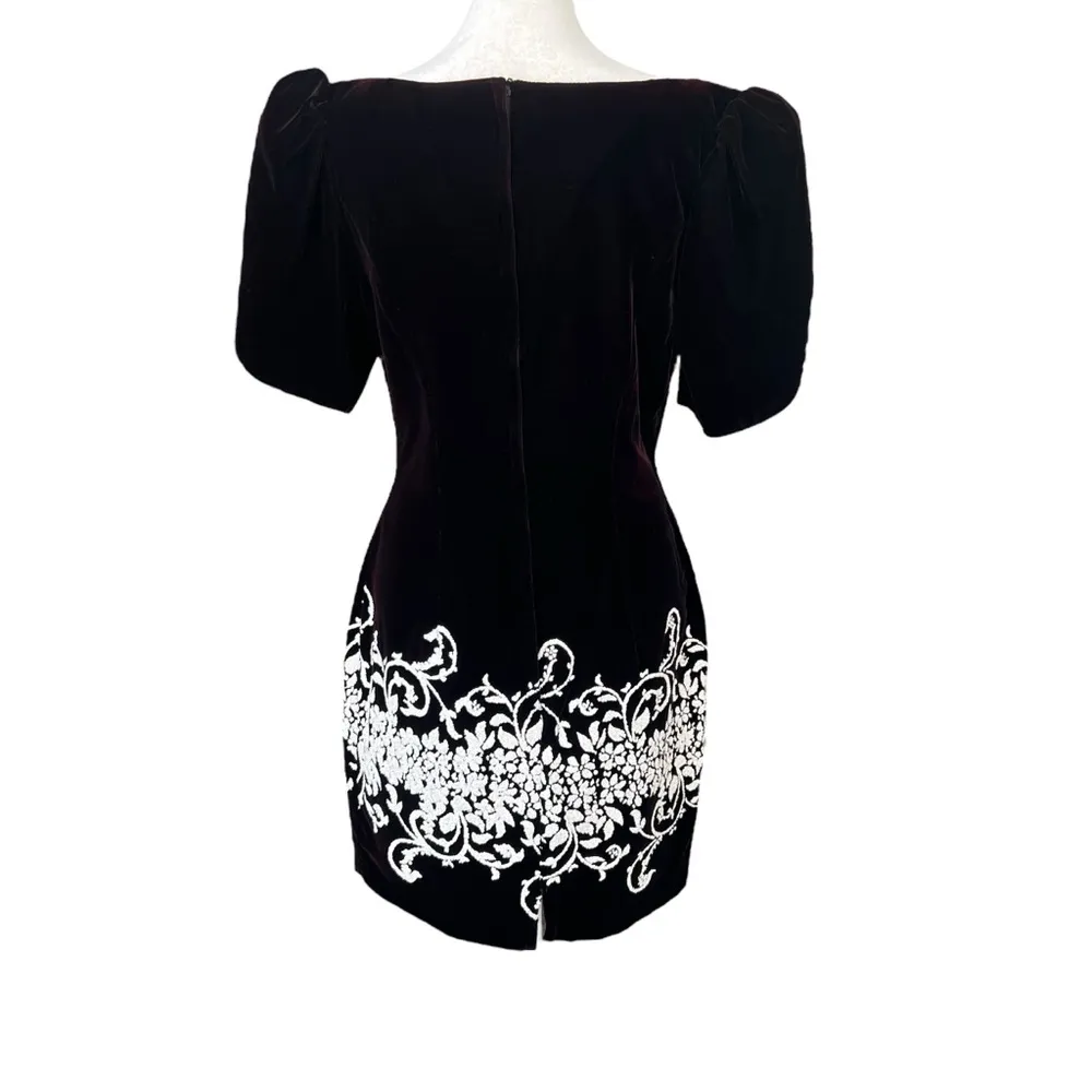 JESSICA MCCLINTOCK Gunne Sax Black Velvet Embroidered Puff Sleeve Dress Sz 9/10 - Image 3
