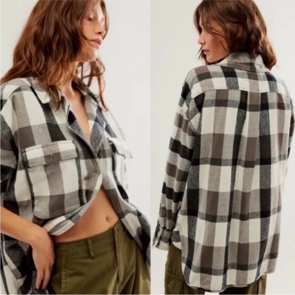 Free People We the Free Izzy Plaid Flannel Cargo Shirt Shacket in Black /Cream - Image 2