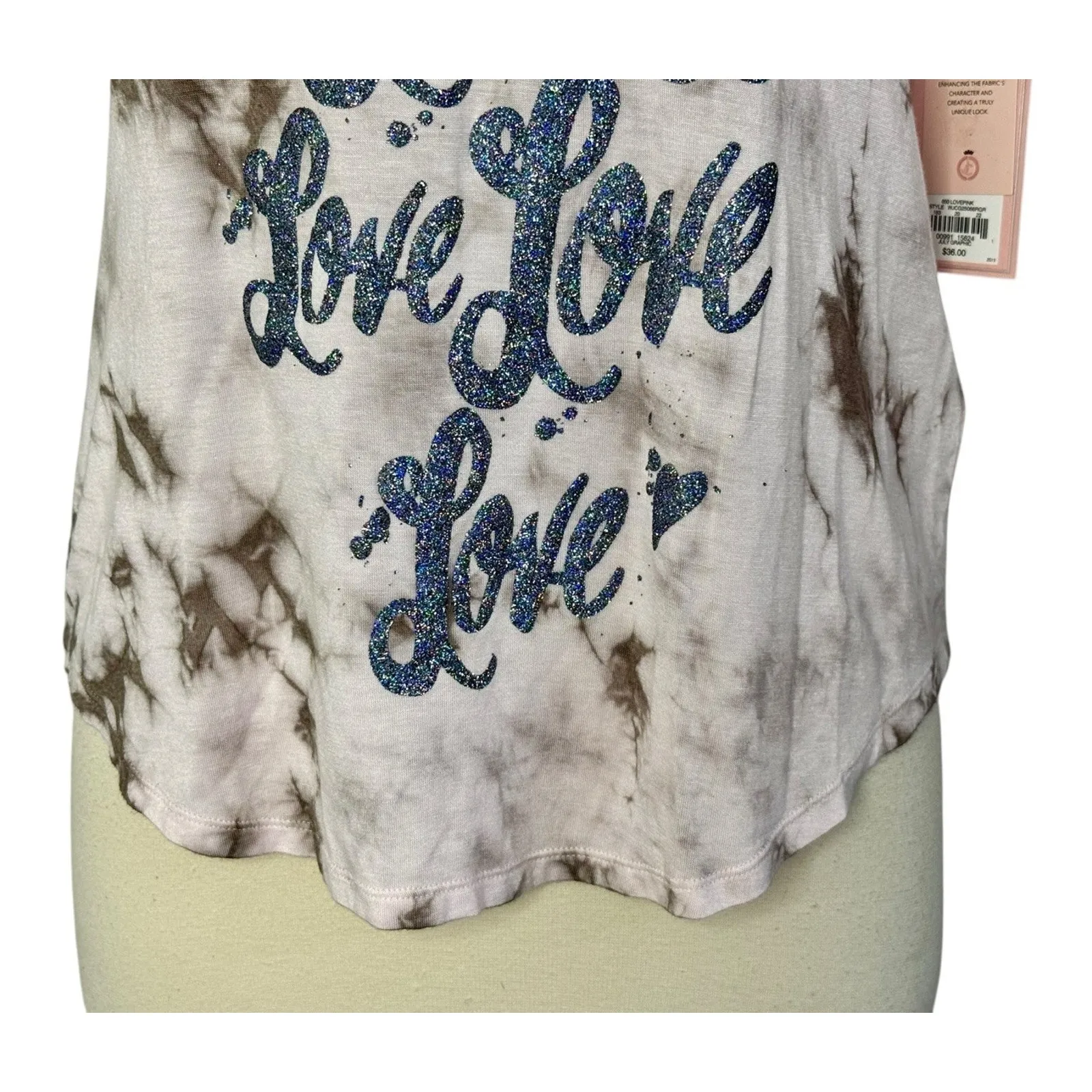 Y2K JUICY COUTURE Love Pink Tie Dye Glittery Sparkly Soft T Shirt Top Sz XS NWT - Image 4