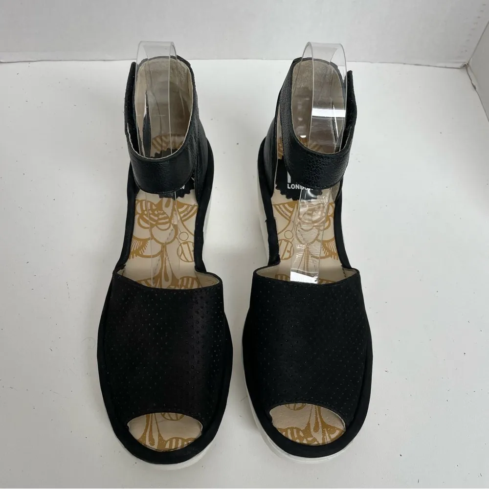 Fly London Sandals Yake Wedge Leather Perforated Ankle Comfort Travel Black - Image 3