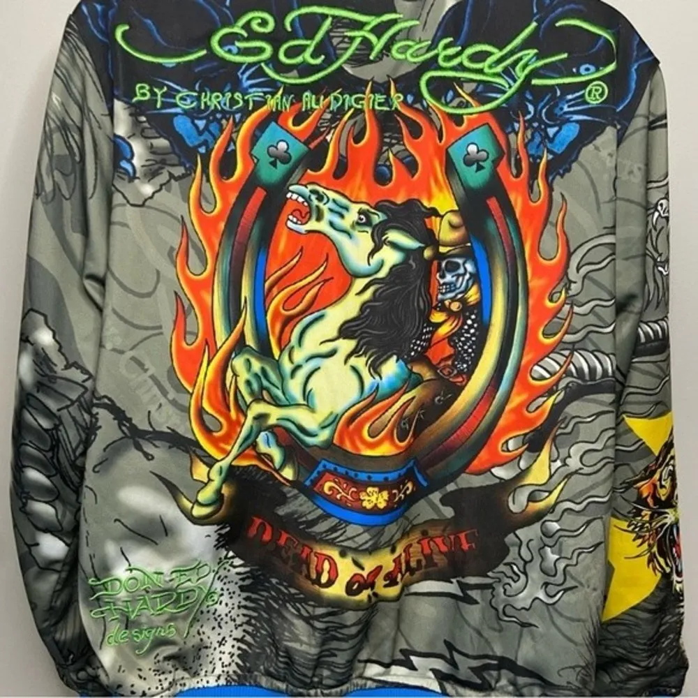 Don Ed Hardy Christian Audigier Blue Green Track Bomber Jacket Size Medium Y2K - Image 5