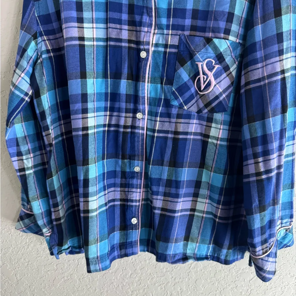 Victorias Secret Blue/Pink Plaid Button-Up Pajama Top Size XL - Image 4