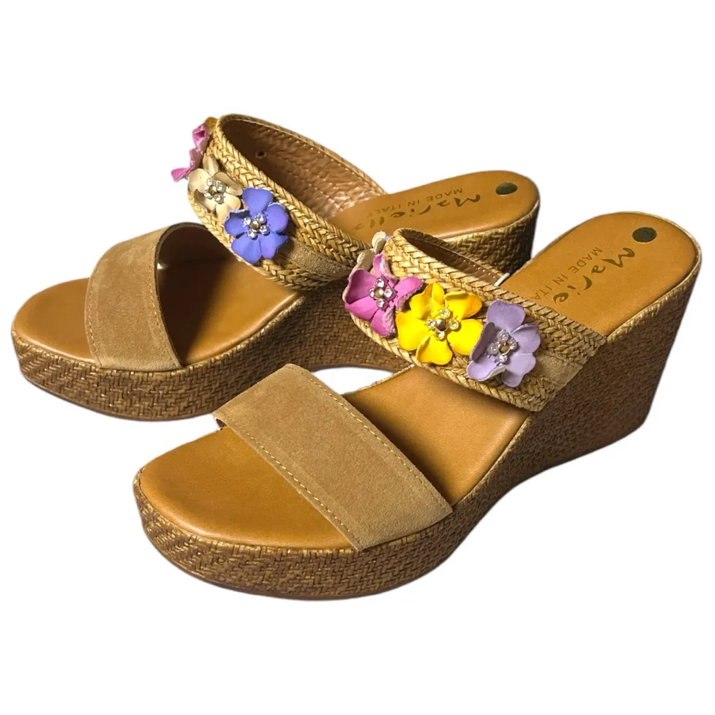 MARIELLA Made In Italy Suede Heeled Sandals With Flower Applique Tan Size 8 - Image 7