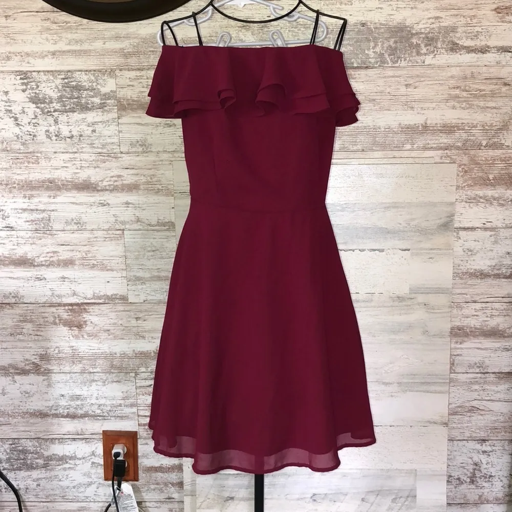 Lulus Win Your Heart Burgundy Ruffle Off-the-Shoulder Skater Dress size medium​​ - Image 4