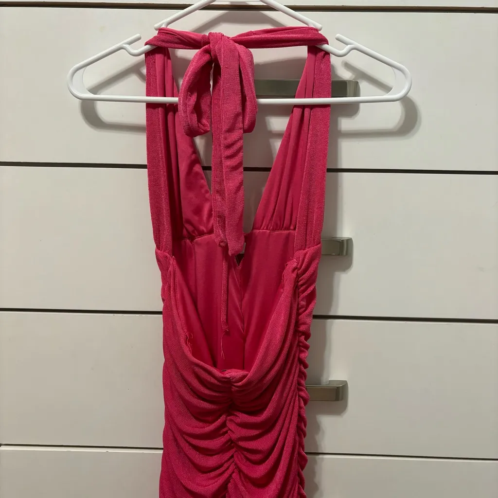 Hello Molly Ruched Pink Halter Mini Dress - Image 4