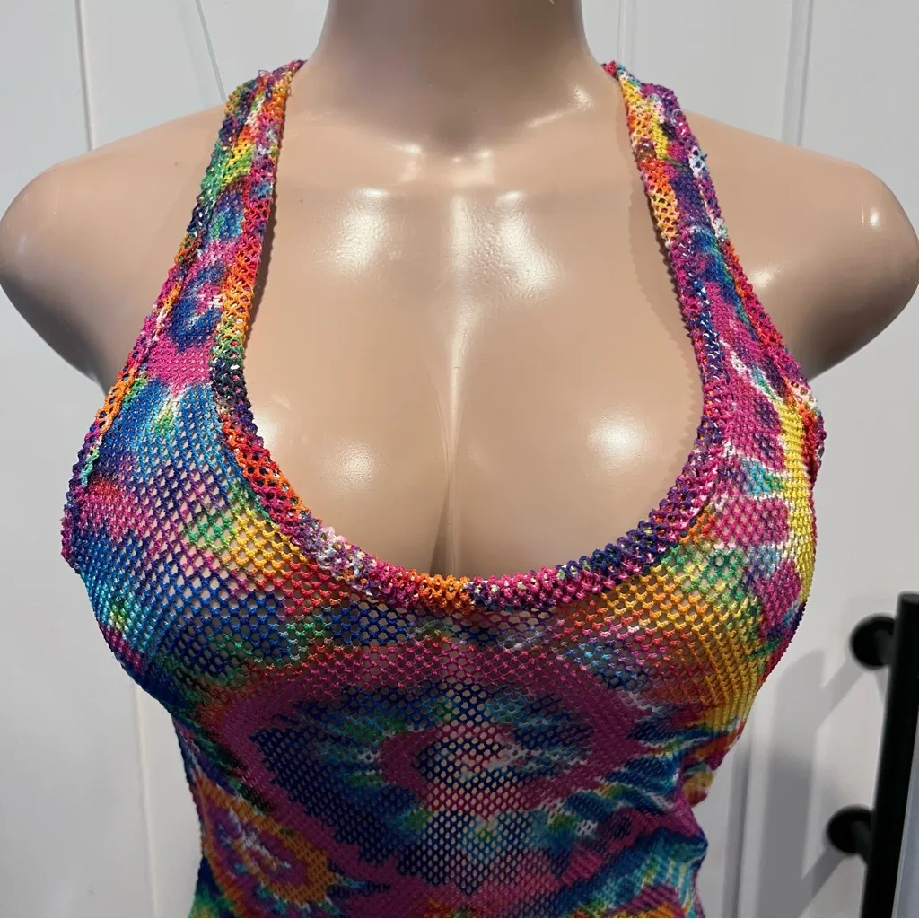 NYC women’s L mesh swim coverup Multicolor Knit Fabric Tye dye side slit Red Size L - Image 4