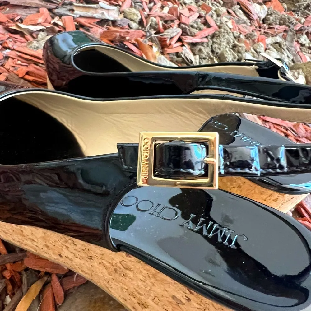 NWOB AUTHENTIC JIMMY CHOO PROVA CORK SANDAL 39.5 BLACK PATENT LEATHER - Image 7