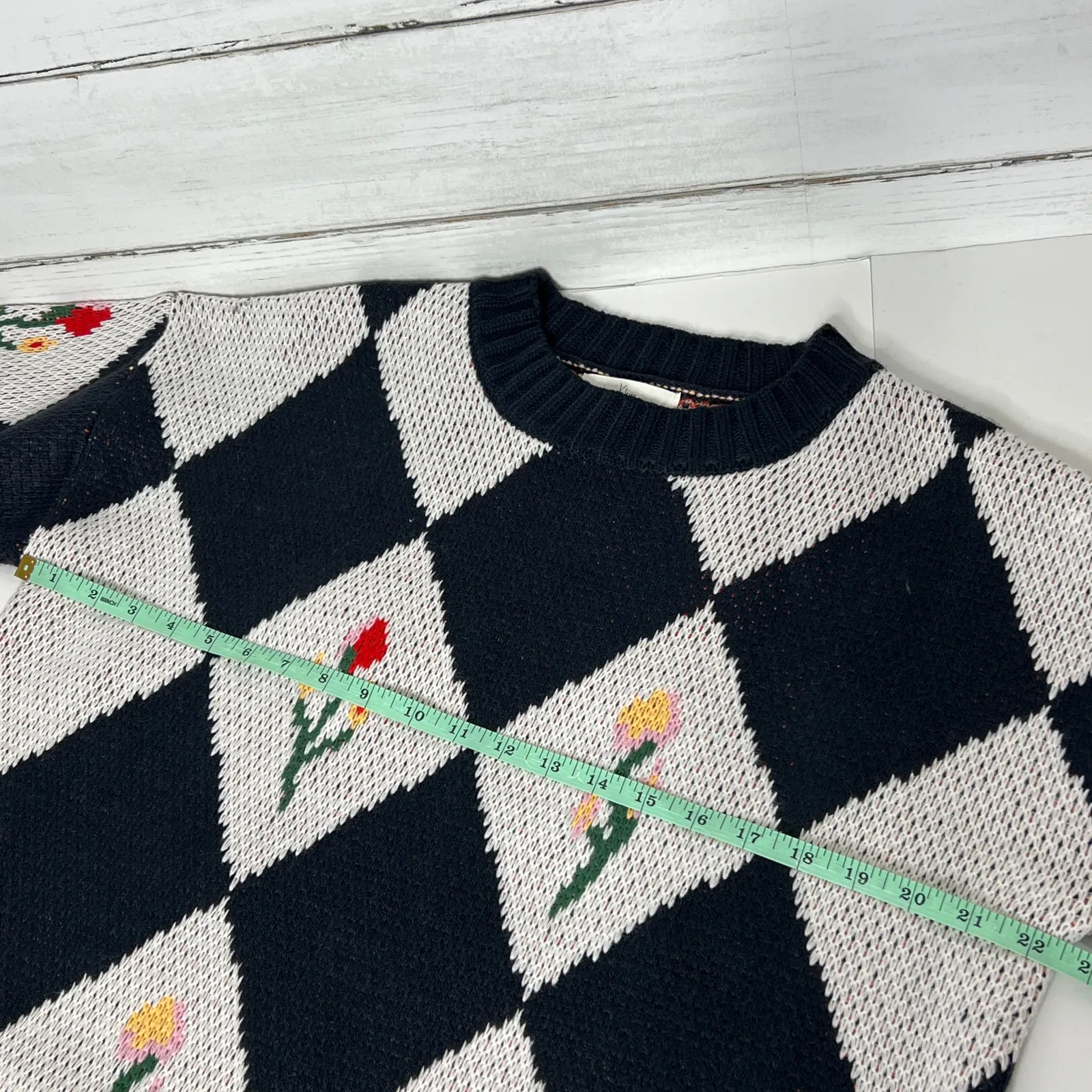 Klesis Argyle Floral Knit Sweater Navy White Diamond Pattern Pullover Small Blue - Image 7