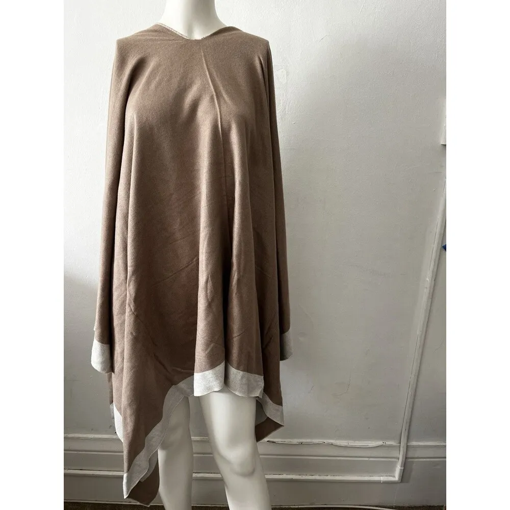 mellifluous Ruana Cape Beige White viscose wrap Scarf Sweater Poncho Open Front Size L - Image 6